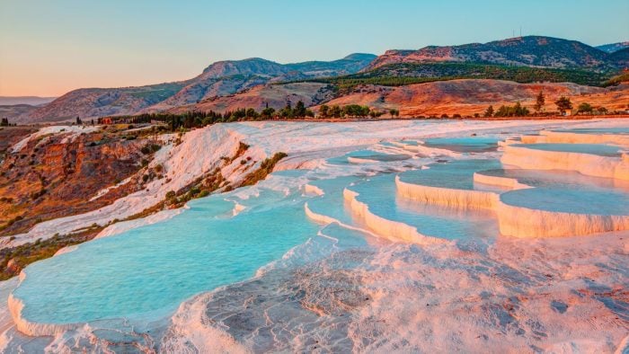 Aerial view of the travertine formations and pools of Pamukkale.