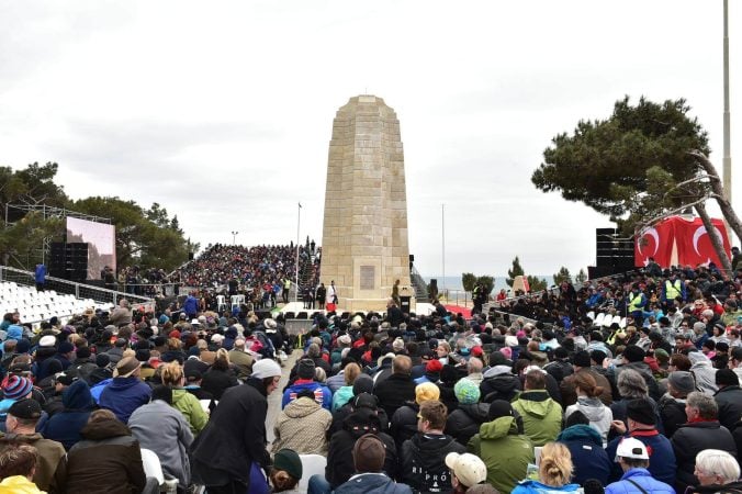Anzac Day 25 April ceremony with crowds gathered around central memorial at Gallipoli