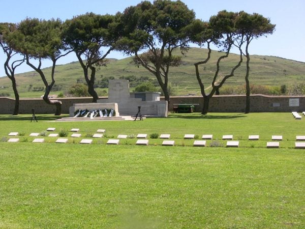 Neatly aligned war graves on green lawn at Gallipoli battlefield cemetery in Turkey