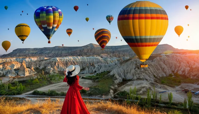 Woman in red dress cappadocia balloons
