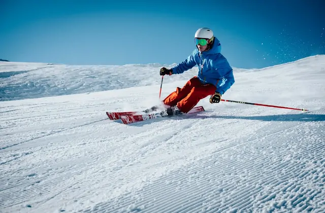 Skier carving on a groomed slope at Erciyes Ski Resort in Kayseri, Turkey