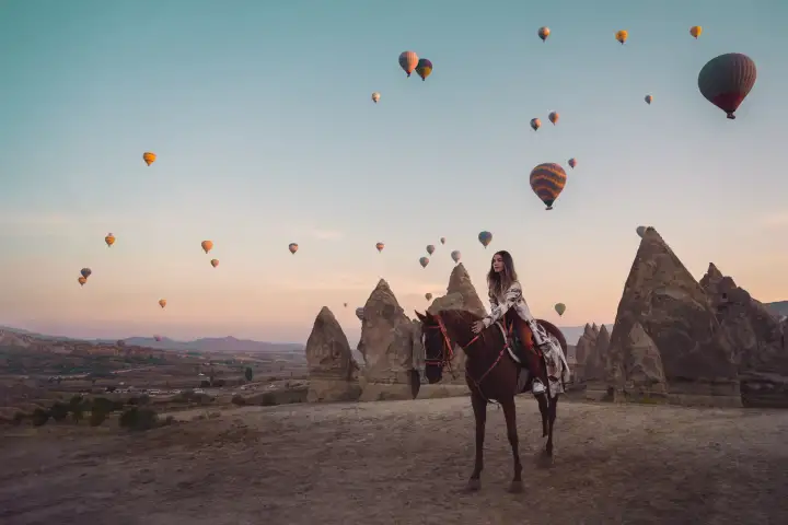 Tres caballos pastando en Capadocia junto a viviendas rupestres y chimeneas de hadas
