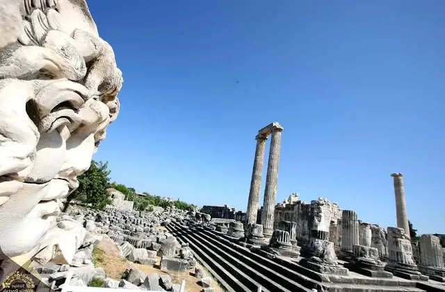 Vista panoramica delle alte colonne e delle incisioni del santuario antico di Didyma