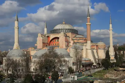 Hagia Sophia Mosque exterior under a cloudy sky in Istanbul