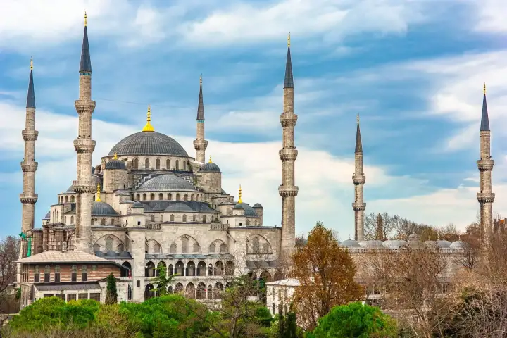 Vista frontale esterna diurna della Moschea Blu a Istanbul