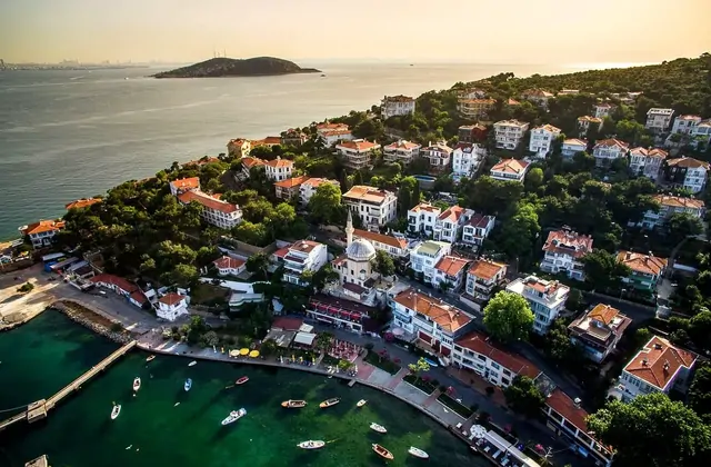 Vista aerea costiera dell'Isola dei Principi con marina e case sul mare