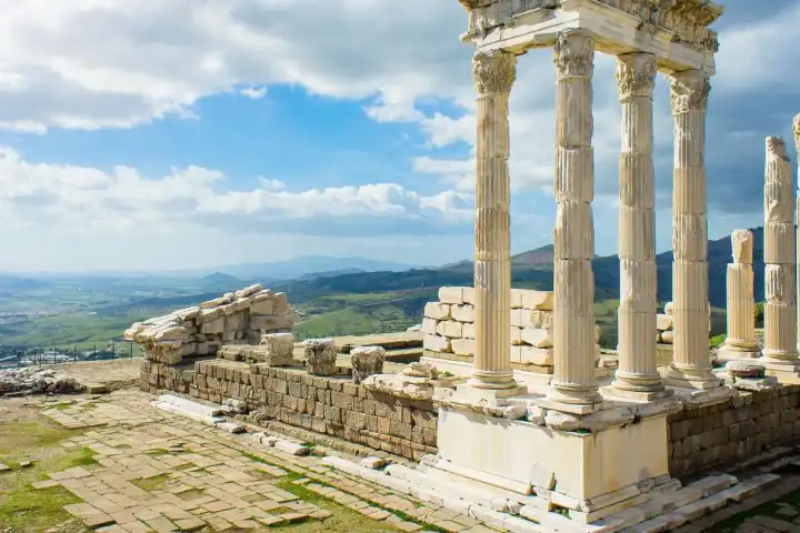 Ancient columns and landscape view at Pergamon in Turkey