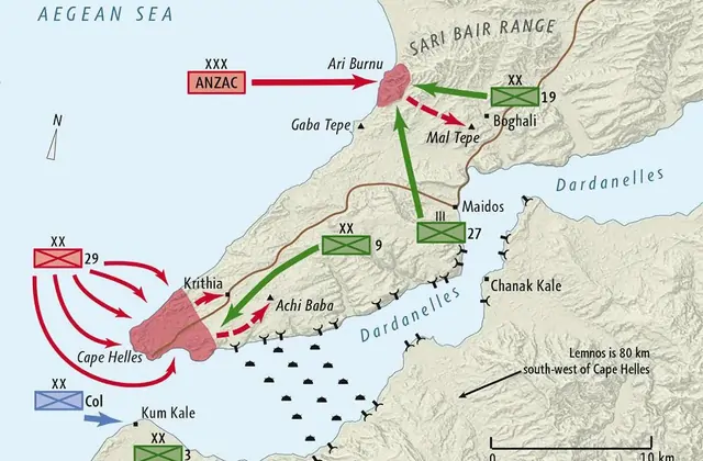 Cape Helles battlefield map view from the Gallipoli campaign in Turkey
