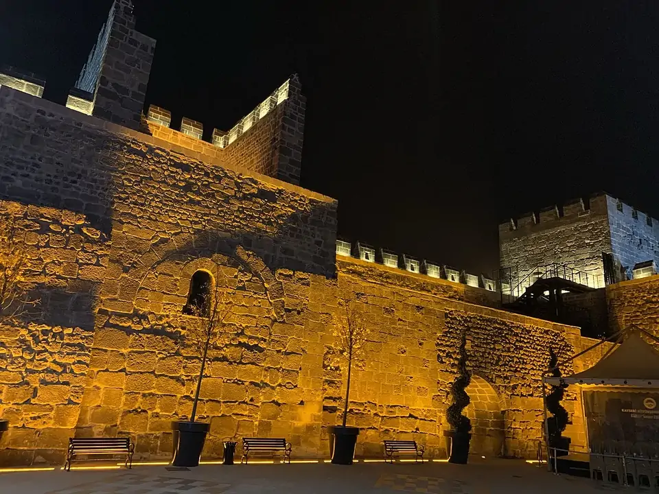 Kayseri Castle illuminated at night in the city center of Kayseri Turkey