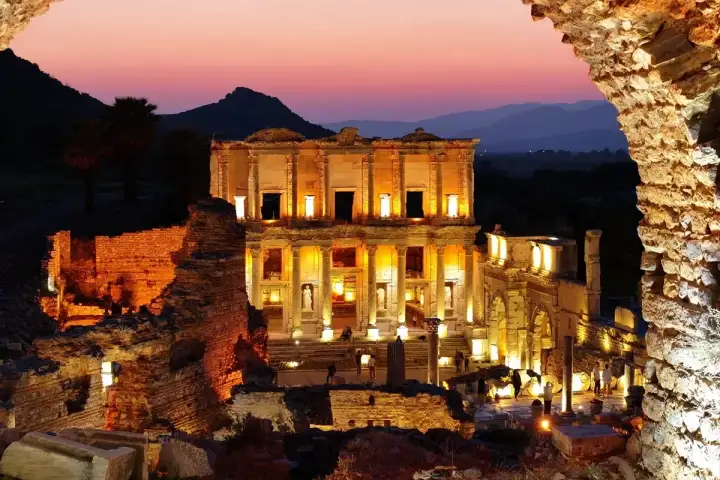 Night illumination of the Library of Celsus in Ephesus Turkey