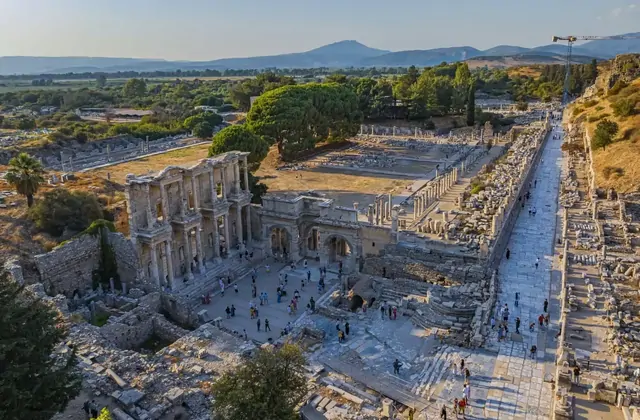 Aerial view of the Library of Celsus in Ephesus ancient city Turkey