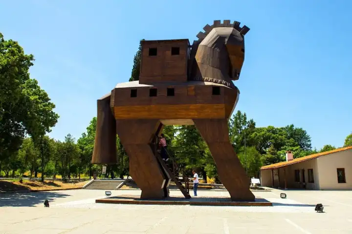 Trojan Horse statue at Troy archaeological site in Turkey