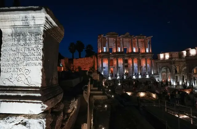 Night view of illuminated ruins in Ephesus ancient city Turkey
