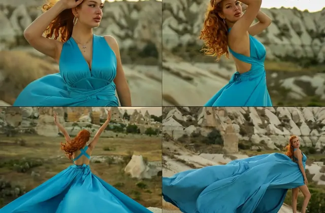 Una mujer con un vestido azul al vuelo fotografiada junto a las icónicas chimeneas de hadas de Capadocia en Turquía, una impresionante escena de fotografía de viaje en uno de los monumentos naturales más pintorescos del mundo.