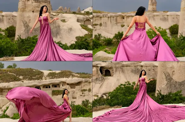 Una mujer con un vestido magenta capturada en pleno movimiento con elegante gracia durante una sesión de fotos en Capadocia, Turquía, combinando la fotografía de moda y viaje con la belleza atemporal de este destino turístico local.