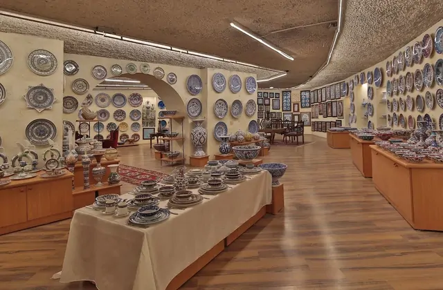 A display of miniature fairy chimney ceramic souvenirs handmade in Avanos, combining the iconic Cappadocia landmark with local pottery tradition.