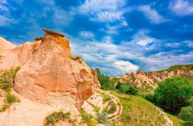 Vista laterale di un camino delle fate a forma di fungo particolarmente alto nella Valle dell'Immaginazione Devrent, Cappadocia, una meraviglia geologica nel Red Tour.