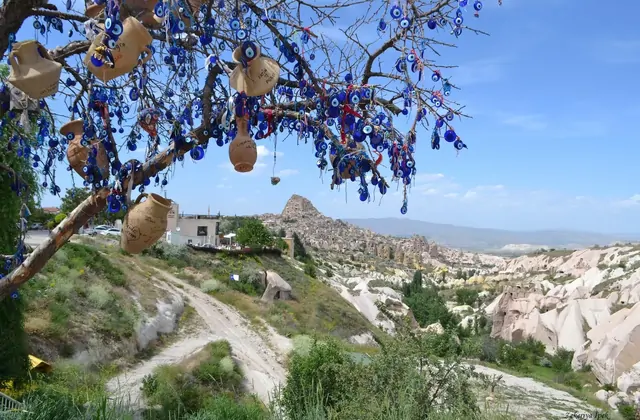 Jardines en terrazas en la base del Valle de las Palomas en Capadocia, enmarcados por las imponentes paredes de toba con palomares, visitados durante el Yellow Tour.
