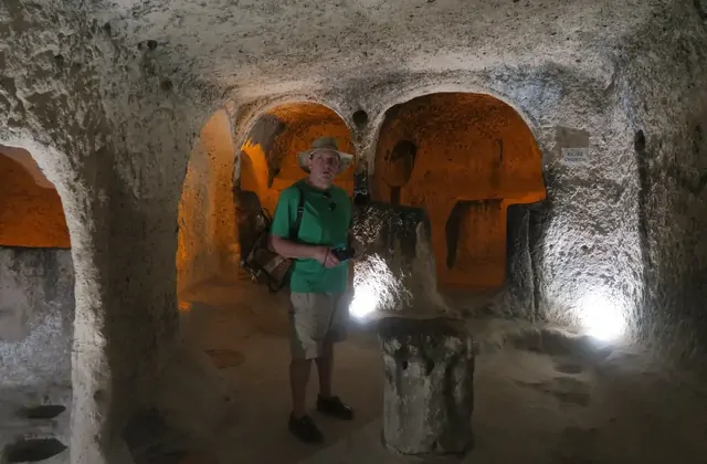 Emergency exit shaft in Özkonak Underground City, Cappadocia, a narrow chimney rising to the surface used by residents in times of siege, a gripping Yellow Tour discovery.
