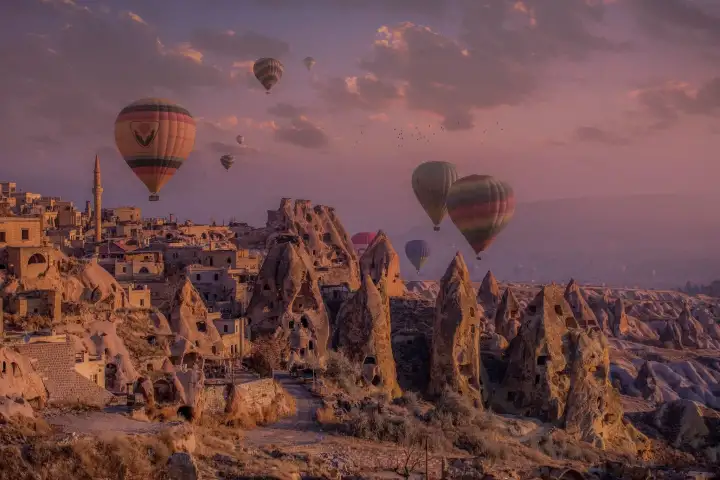 Las casas cueva de Göreme, Capadocia, Turquía, emergen de la suave luz anterior al amanecer mientras los primeros globos aerostáticos de la mañana inician su ascenso sobre los tejados de piedra tallada.