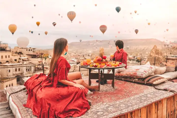 Una colazione turca tradizionale è apparecchiata su una terrazza sul tetto in Cappadocia, Turchia, incorniciando un cielo all'alba dove le mongolfiere si alzano sopra l'antico paese in pietra sottostante.