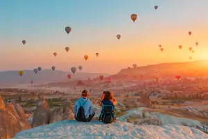 Dos viajeros se posan en el borde de un acantilado al amanecer en Capadocia, Turquía, observando en silencio cómo una procesión de globos aerostáticos cruza el ardiente horizonte bajo sus pies.