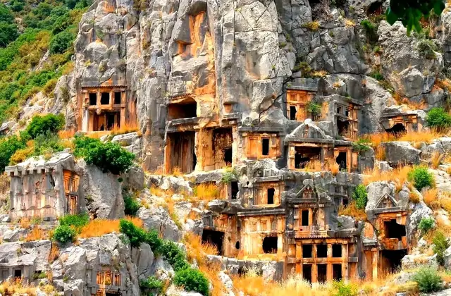 Las tumbas licianas talladas en roca densamente agrupadas en Myra, en la costa licia de la provincia de Antalya, presentan puertas con frontones talladas directamente en el escarpado acantilado, rodeadas de mechones de hierba seca dorada y vegetación arbustiva aferrada a la roca.