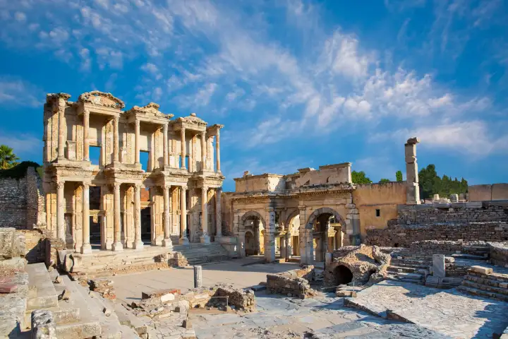 The Library of Celsus and the Gate of Mazaeus and Mithridates stand side by side in the morning light at Ephesus, Turkey, their Roman masonry bathed in warm gold under a theatrical blue sky with wispy clouds, the marble forecourt stretching empty before them.
