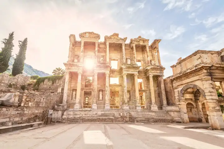 Sunlight bursts dramatically through the central window opening of the Library of Celsus at Ephesus, creating a starburst effect against the two-storey marble facade, with cypress trees flanking the ruins and a hazy sky above, near Selçuk, Turkey.