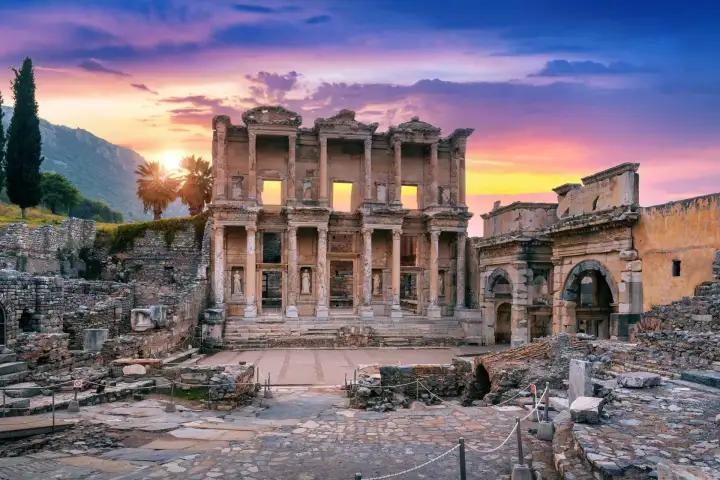 The Library of Celsus and the Gate of Mazaeus at Ephesus glow amber against a sweeping purple and pink sunset sky, with a lone silhouetted figure visible in the foreground, creating a spectacular dusk panorama above the ancient Roman ruins near Selçuk, Turkey.