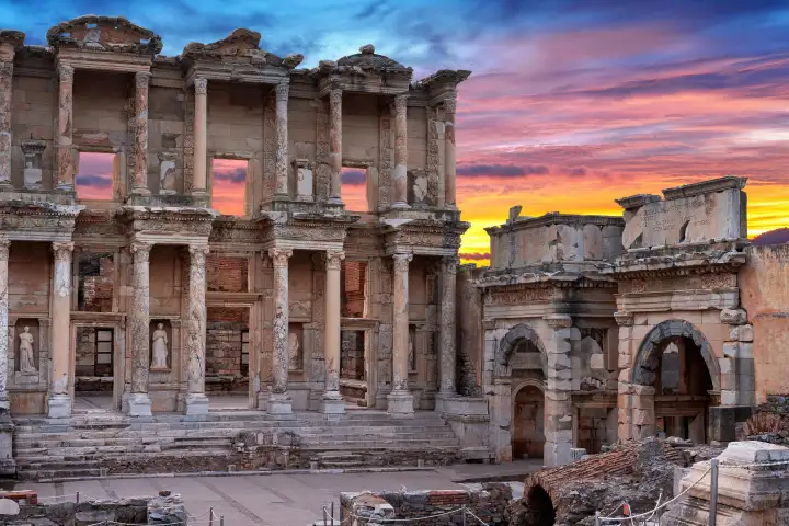 A fiery red-orange sunset sky blazes above the Library of Celsus and the Gate of Mazaeus at Ephesus, their ancient stone facades turning a deep burnished amber in the last rays of light near Selçuk, Turkey.