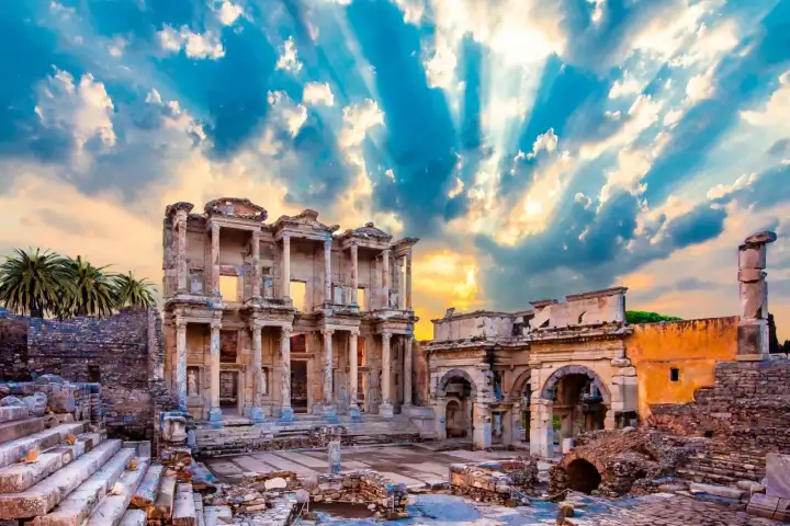 Golden sunrays burst through dramatic clouds above the Library of Celsus at Ephesus at sunset, sweeping the marble facade and the Gate of Mazaeus in warm orange light as tourists gather below, near Selçuk, Turkey.