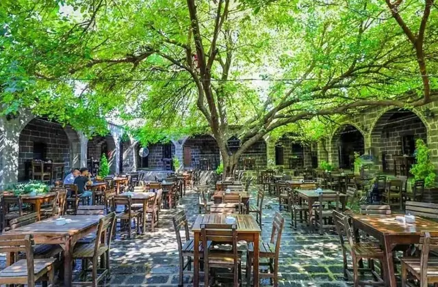 Un cortile-giardino nel cuore del bazar storico di Diyarbakır è racchiuso da un'elegante arcata di archi in basalto, con la vegetazione rigogliosa che invade lo spazio aperto e conferisce all'antico mercato un carattere sereno e verdeggiante.