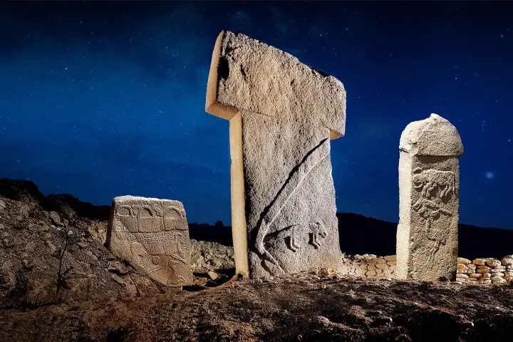 Three T-shaped Göbekli Tepe pillars stand spotlit against a star-filled night sky, the central monolith bearing clearly visible relief carvings of a large bird and fox, while a shorter flanking pillar to the right displays an animal frieze near its base.