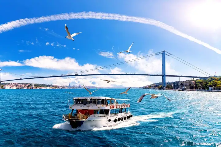 Un aereo militare sorvola a bassa quota lo stretto del Bosforo durante un tour in crociera a Istanbul, creando un contrasto suggestivo tra il patrimonio della difesa moderna e la storica via d'acqua panoramica sottostante.