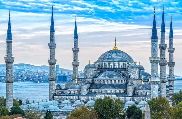 Istanbul's Sultan Ahmed Mosque (Blue Mosque) looms above the city's rooftops against a cloudy sky, the Bosphorus strait visible behind it with a ferry crossing the water and the hillside districts of the Asian side stretching across the background.