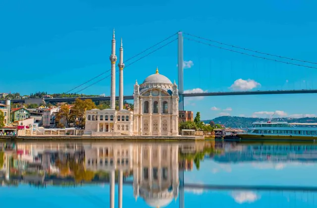 The ornate Baroque-style Ortakoy Mosque sits at the edge of the Bosphorus strait in Istanbul, perfectly mirrored in the calm turquoise water below, with the sweeping cables of the 15 July Martyrs Bridge (Bosphorus Bridge) spanning the strait directly behind it.
