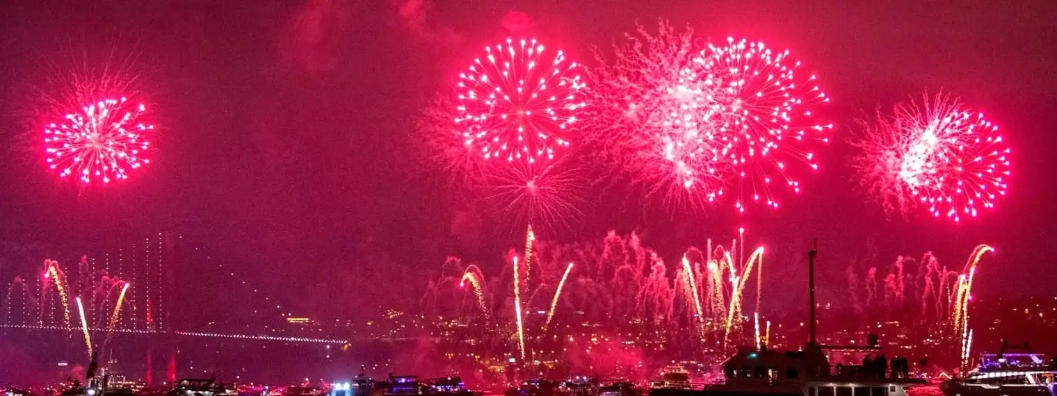 Vibrante celebración de Año Nuevo en Estambul a bordo de un crucero por el Bósforo, con decoraciones festivas e invitados bailando para recibir el Año Nuevo sobre el agua. Uno de los escenarios de fiesta de Nochevieja más icónicos de Turquía.