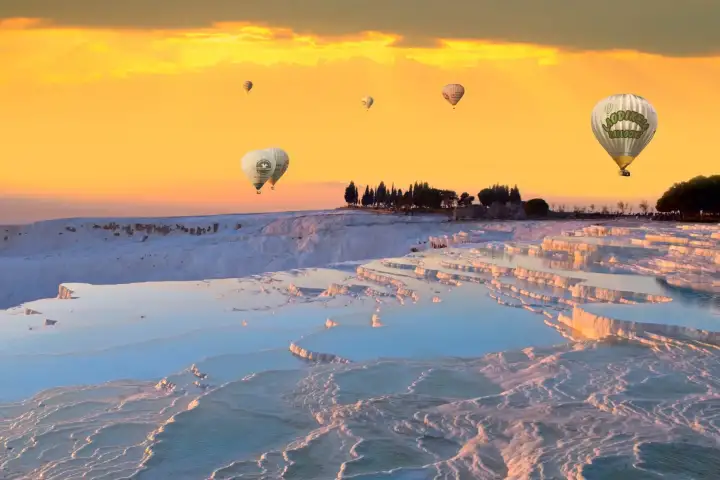 Le mongolfiere scivolano sulle terrazze bianco gesso del Castello di Cotone di Pamukkale al tramonto in Turchia, con brillante luce arancione dorata che inonda il cielo e cipressi che costeggiano la cresta superiore.