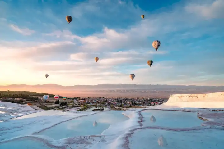 Multiple colorful hot-air balloons soar above the snow-white travertine terraces of Pamukkale at dawn in Turkey, the shallow pools reflecting the pale pink and blue morning sky as the town of Pamukkale and snowy Denizli mountains fill the background.