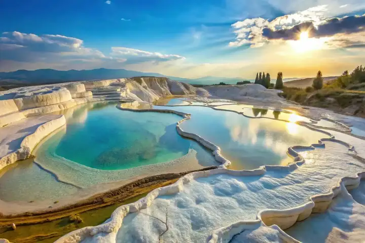 Una grande piscina termica di Pamukkale a forma di rene turchese incorniciata da brillanti bordi di carbonato di calcio bianco in Turchia, il sole pomeridiano che penetra le nuvole e si riflette sull'acqua ferma.