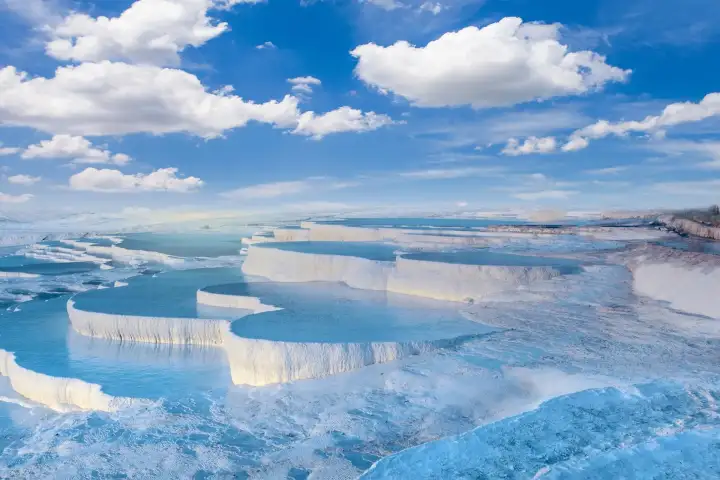 Una vista cercana de los escalones de travertino en terraza de Pamukkale en Turquía en ángulo amplio, brillantes paredes blancas como la nieve a ambos lados enmarcando capas de vívidas piscinas termales azules.