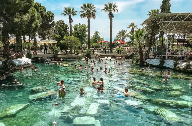 Busy Cleopatra Antique Pool at Pamukkale Hierapolis, Turkey full of swimmers, dozens of tourists in swimwear wading among ancient Roman marble ruins submerged in the crystal clear turquoise-green thermal water under palm trees on a sunny afternoon.
