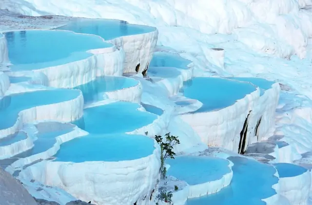 Vista ravvicinata delle piscine di travertino di Pamukkale in Turchia che mostra vivida acqua minerale blu che riempie più bacini arrotondati a forma di ciotola separati da pareti di calcio bianco.