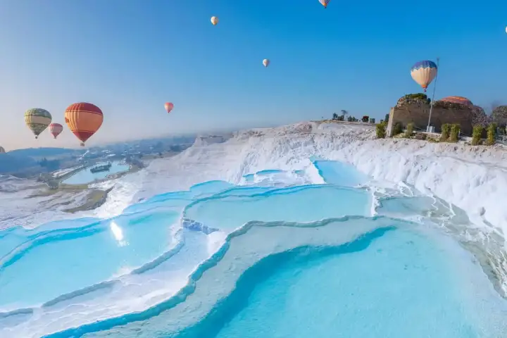 Colorful hot-air balloons float over Pamukkale's vivid turquoise travertine terraces on a bright morning in Turkey, the ancient Byzantine tower ruin visible on the upper ridge among flowering bushes as balloons reflect in the pool water below.