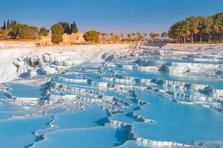 Le terrazze di travertino bianco di Pamukkale piene di vivide piscine termali blu e dense file di strette mensole a gradini parallele sotto la calda luce pomeridiana in Turchia, rovine di Hierapolis e pini ombrello visibili sopra.