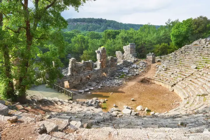 Broad semicircular stone seating tiers of an ancient theater at the Troy archaeological site in Turkey sweep down to a sandy orchestra floor, with collapsed stage-building walls and dense forest rising behind.